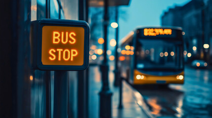 Bus stop in city, public transport hub for urban commuters, station sign on street corner, transportation vehicle awaiting passengers on rainy road
