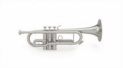 Naklejka premium Close-up of a shiny silver trumpet displayed on a clean white surface, showcasing its intricate details and craftsmanship