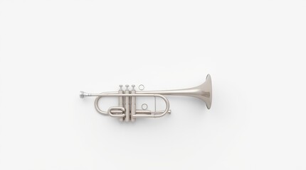 Close-up of a shiny silver trumpet displayed on a clean white surface, showcasing its intricate...