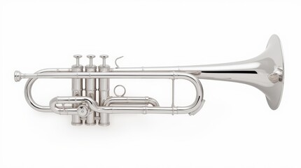 Naklejka premium Close-up of a shiny silver trumpet displayed on a clean white surface, showcasing its intricate details and craftsmanship