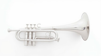 Close-up of a shiny silver trumpet displayed on a clean white surface, showcasing its intricate...