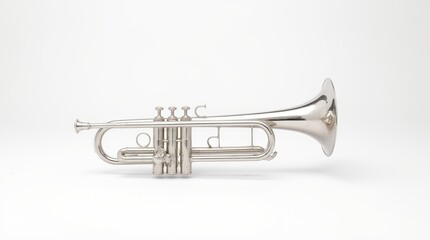 Obraz premium Close-up of a shiny silver trumpet displayed on a clean white surface, showcasing its intricate details and craftsmanship