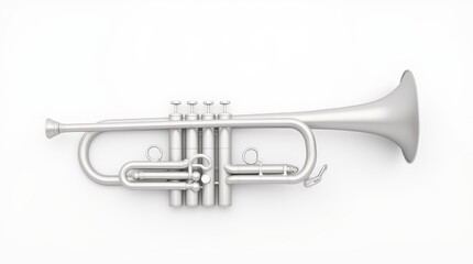 Obraz premium Close-up of a shiny silver trumpet displayed on a clean white surface, showcasing its intricate details and craftsmanship