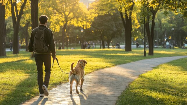 A pet owner walking their dog in a bustling urban park, symbolizing the bond and companionship between humans and animals in city life, Modern lifestyle scene