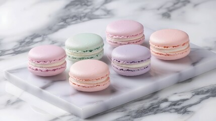 Fototapeta premium French Macarons in Pastel Colors on a Marble Slab