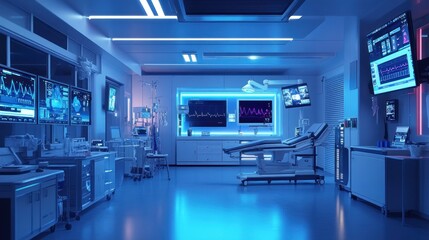 Futuristic Hospital Room with Advanced Medical Equipment and Monitors in Blue Lighting