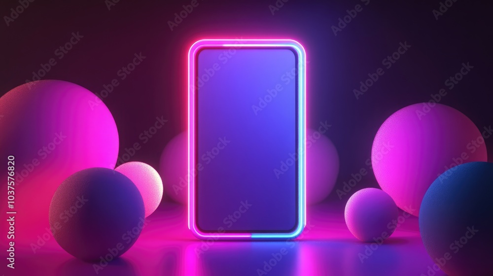Poster 3d render featuring an abstract neon composition with a background of luminous geometric shapes an e