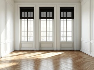 Fototapeta premium A room with three windows and a wooden floor