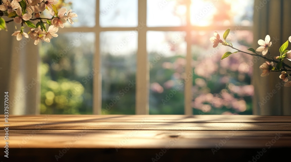 Poster 3d rendering of a table background with free space and a blurred window reflecting a spring atmosphe