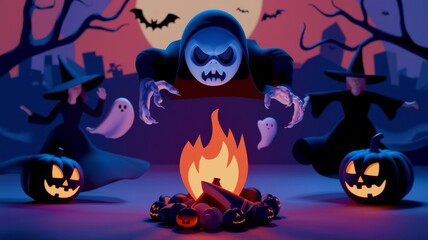 Spooky halloween celebration a mysterious gathering of creatures around the fiery cauldron of nighttime enchantment
