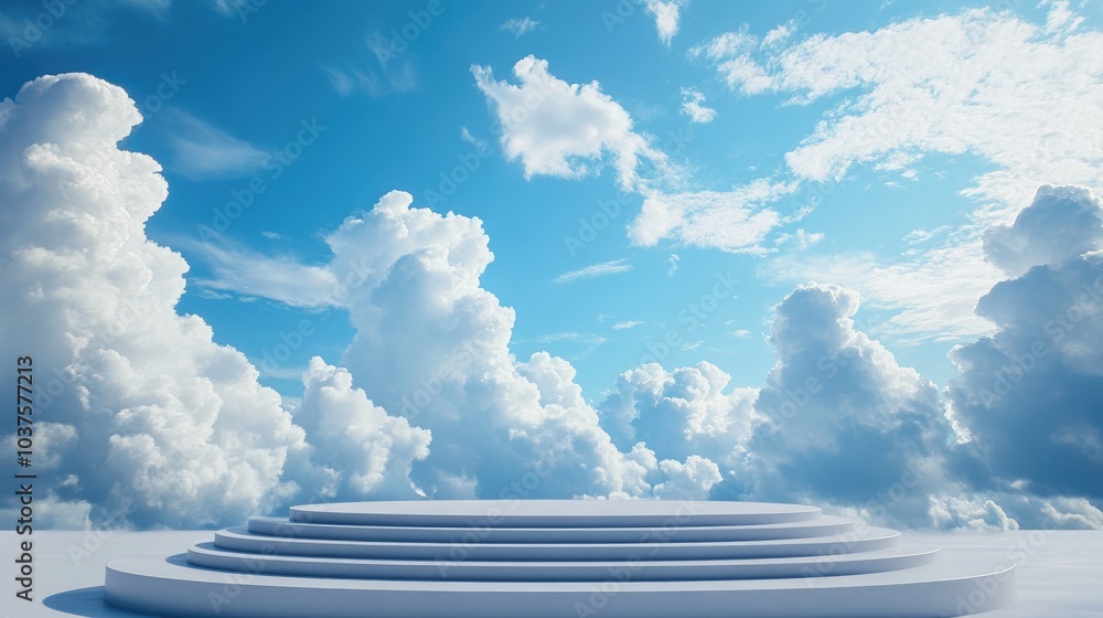 Aufkleber podium stage set against a backdrop of fluffy clouds and a blue sky copy space 3d rendering