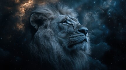 Naklejka premium Lion king in outer space. Lion on space background