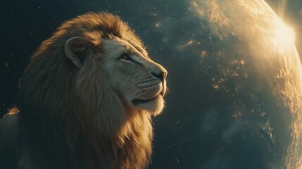 Naklejka premium Lion king in outer space. Lion on space background