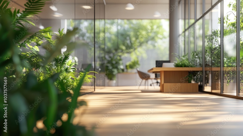 Poster 3d rendering of a minimalist open space office background featuring a blurred modern contemporary of
