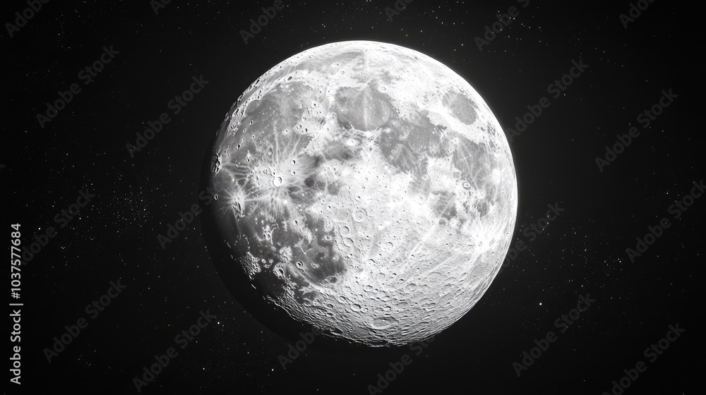 Poster 3d cartoon rendering of a full moon with visible craters against a black isolated background depicti