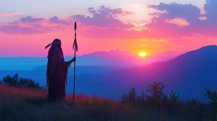 Silhouette of a Native American shaman with pikestaff on the backgroun.