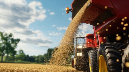 Soy bean spilling from the combine's grain auger into the tractor trailer