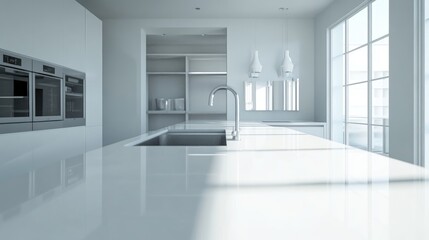 Fototapeta premium 3D rendering of a kitchen interior featuring white countertops and an oven