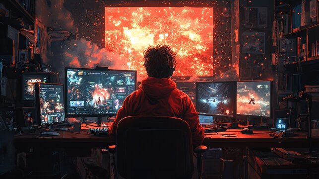 A gamer immersed in a vibrant, explosive digital world, surrounded by multiple screens.