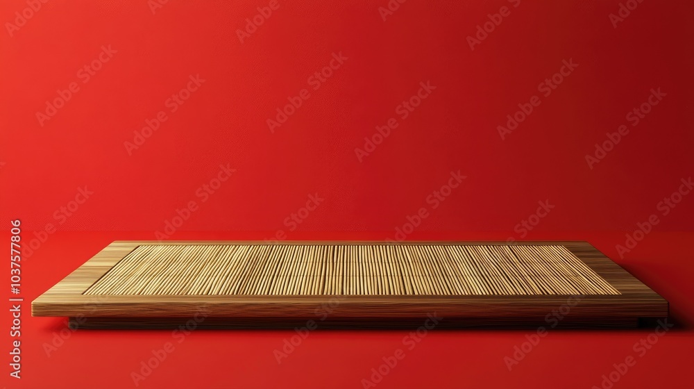 Poster 3d rendering of an empty wooden table with a bamboo placemat set against a red background for a desi