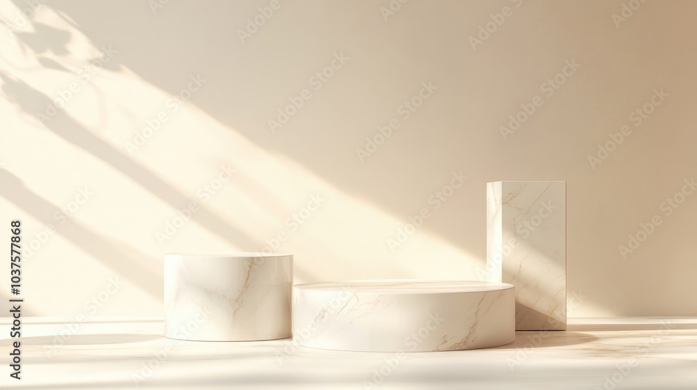 Poster empty white marble podium on a soft beige background minimal geometric boxes and structures create a