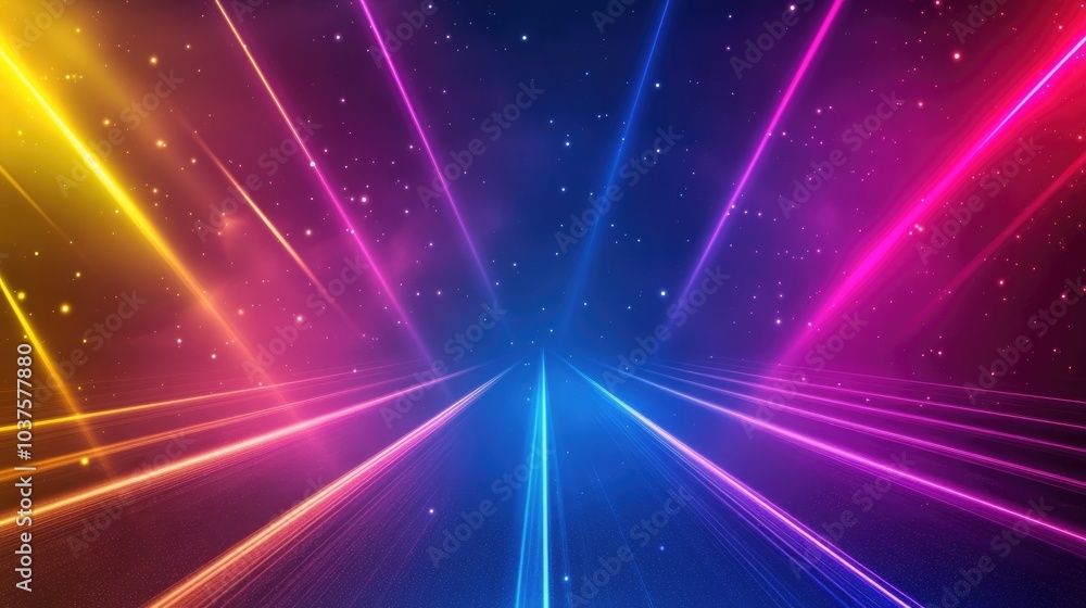 Poster multicolored laser light abstract background for design featuring a patterned frame with ample space