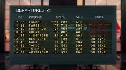 Airport departure board showing international flights. "On time" statuses change to "cancelled". Perfect for travel disruption and aviation-related content. Ultra HD 4K animation