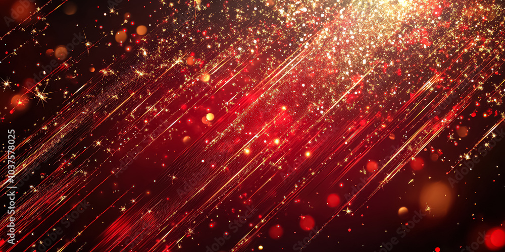 Poster vibrant red and gold background with a multitude of sparkling red and gold particles. the background