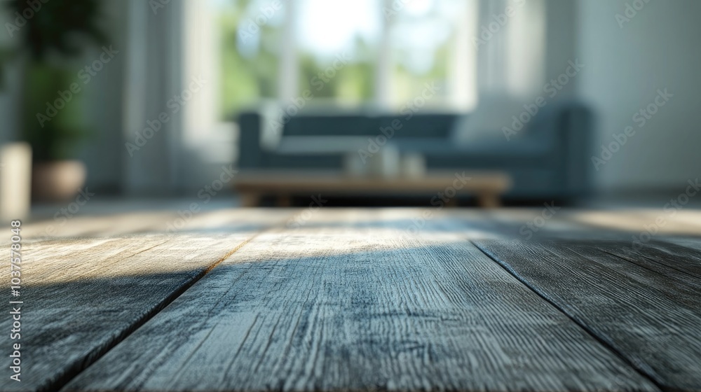 Poster 3d rendering of a table top with a blurred sofa in a home interior setting