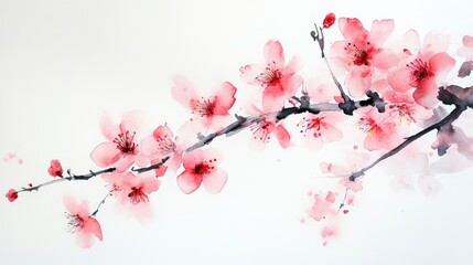 Cherry blossom branch watercolor artwork on a white background