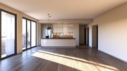 Fototapeta premium 3D rendering of a spacious empty apartment interior featuring a modern kitchen design and wooden flooring