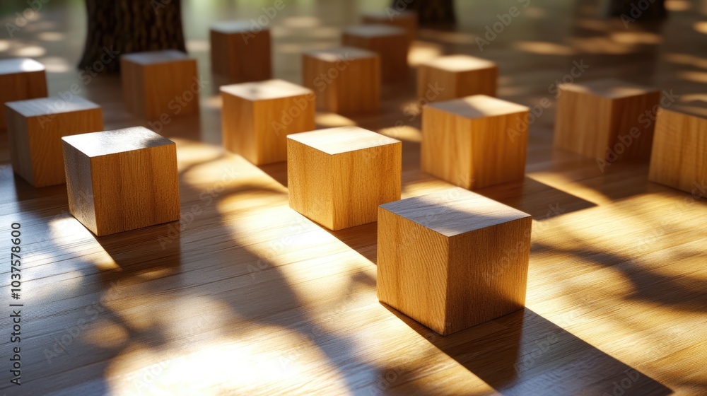 Poster 3D rendering of wooden cube blocks casting shadows reminiscent of trees in an interior setting
