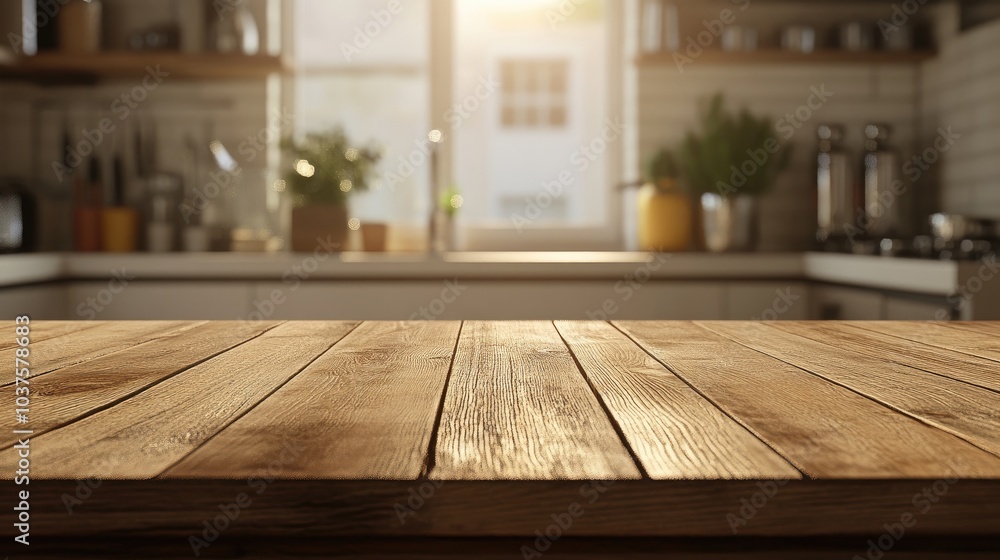 Poster beautiful empty wooden table top with a blurred bokeh background in a modern kitchen interior featur