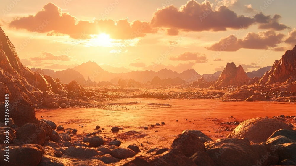 Poster rendering of a 3d cartoon depiction of the surface of a red planet
