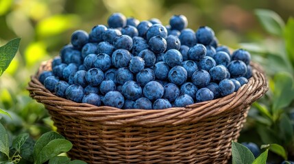 Freshly harvested blueberries in a woven basket surrounded by lush greenery perfect for healthy snacking and culinary delights