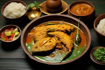 A vibrant plate of shorisha elish is beautifully presented alongside rice lentils and fresh vegetables showcasing authentic Bengali cuisine
