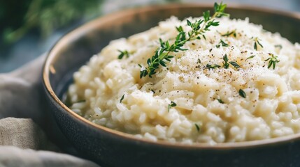 A picturesque bowl of creamy risotto garnished with fresh herbs and grated Parmesan cheese, Risotto plated in a mound shape, Soft diffused light for a cozy feel