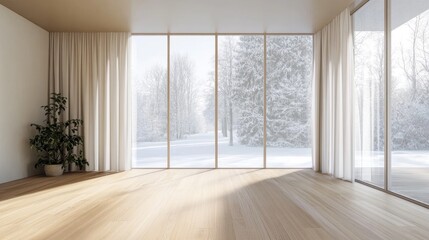 Fototapeta premium Bright minimalist room featuring a wooden floor spacious wall and white landscape view through curtained windows Nordic style interior design 3D rendering