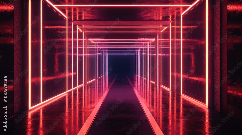 Poster neon glowing lines in a dark tunnel create ethereal reflections on the floor and ceiling the center 