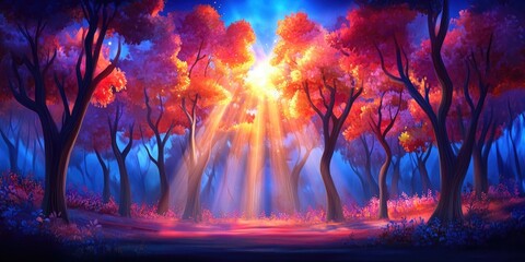 Sunlight filtering through a foggy forest, Sunlight streaming through a misty woodland