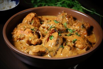 This dish features tender chicken simmered in a creamy spiced sauce garnished with fresh herbs showcasing authentic Bengali culinary tradition