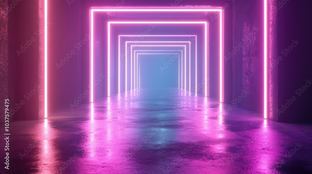 Poster neon abstract background featuring glowing geometric shapes in a digital tunnel loop with ultraviole