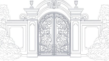 Line art illustration of an architectural gate with intricate design elements