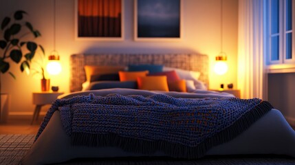 3D rendering of a bedroom interior featuring a knitted plaid on the bed and illuminated lamps at night