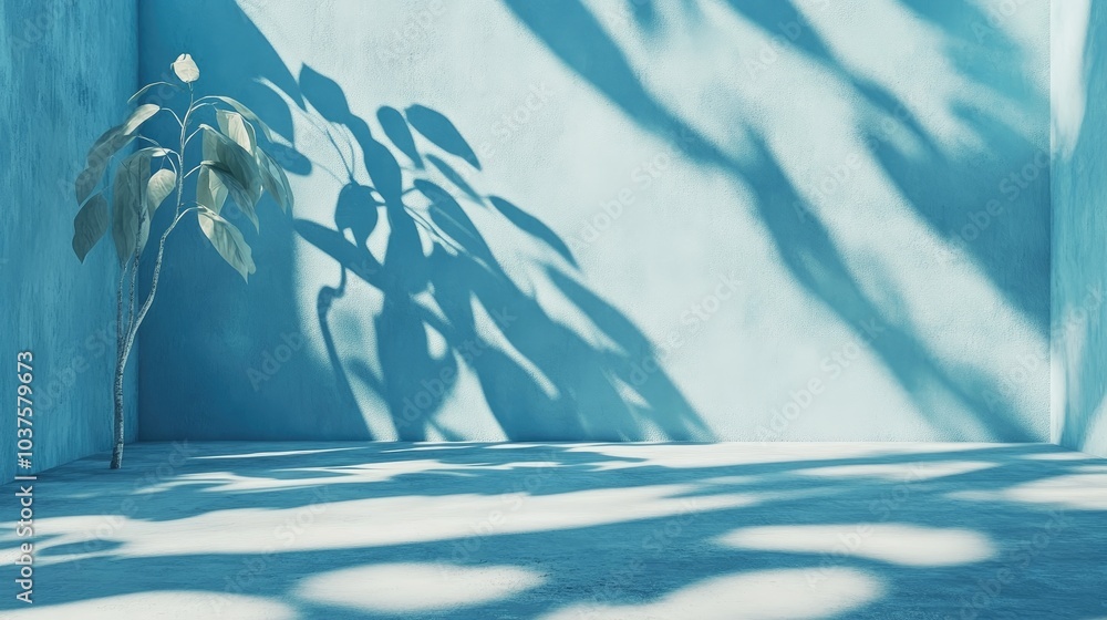 Poster 3d rendering of an empty blue studio room featuring leaf shadows on a concrete wall and floor ideal 