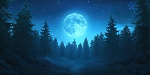 The moon rises above pine trees under a clear blue sky, Moonrise above pine trees under a clear blue sky