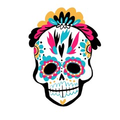 A skull with colorful painting and traditional Mexican-style ornaments. Simple hand-drawn, flat style on a white background
