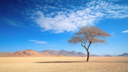 Fototapeta premium Solitary Desert Tree: A lone acacia tree stands resilient against the vast, sun-drenched expanse of a desert landscape, under a vibrant blue sky. Its shadow stretches across the sand.