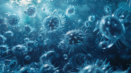 Fototapeta premium Each cell in the blue background is an illustration of cells with visible molecules and close-up, realistic photo,