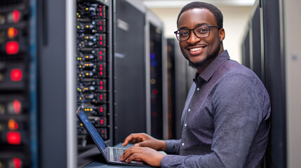 Server engineer, Caucasian IT professional admin using laptop computer doing data transfer operation with rack server cabinets in digital room of data center. Cyber security.